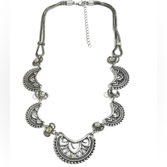 Bohemian Silver-Tone Filigree Half-Moon Two-Strand Choker 17-20” Necklace - Picture 2 of 5